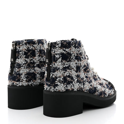 Chanel Tweed Patent Calfskin Pearl Combat Short Boots 39 Black Multicolor 4 of 8