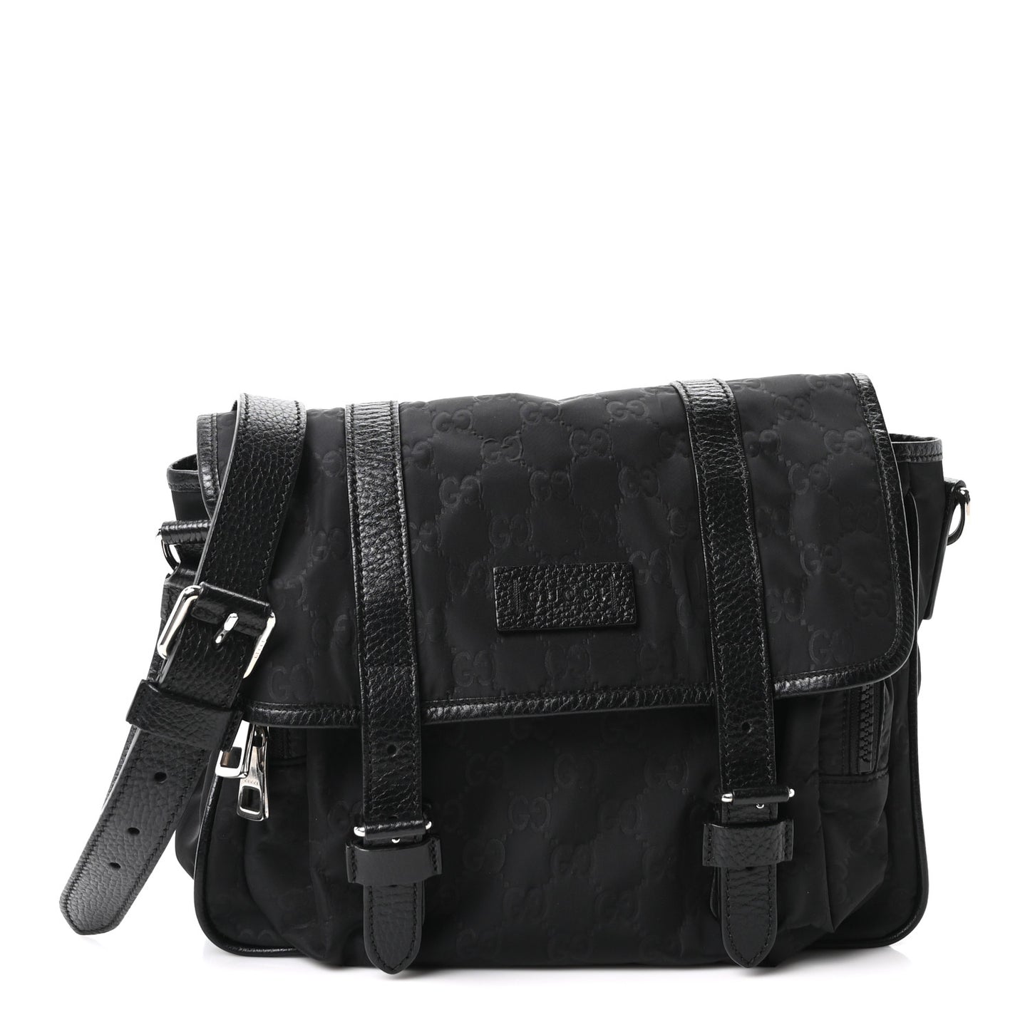 Nylon Monogram Double Buckle Flap Messenger Bag Black