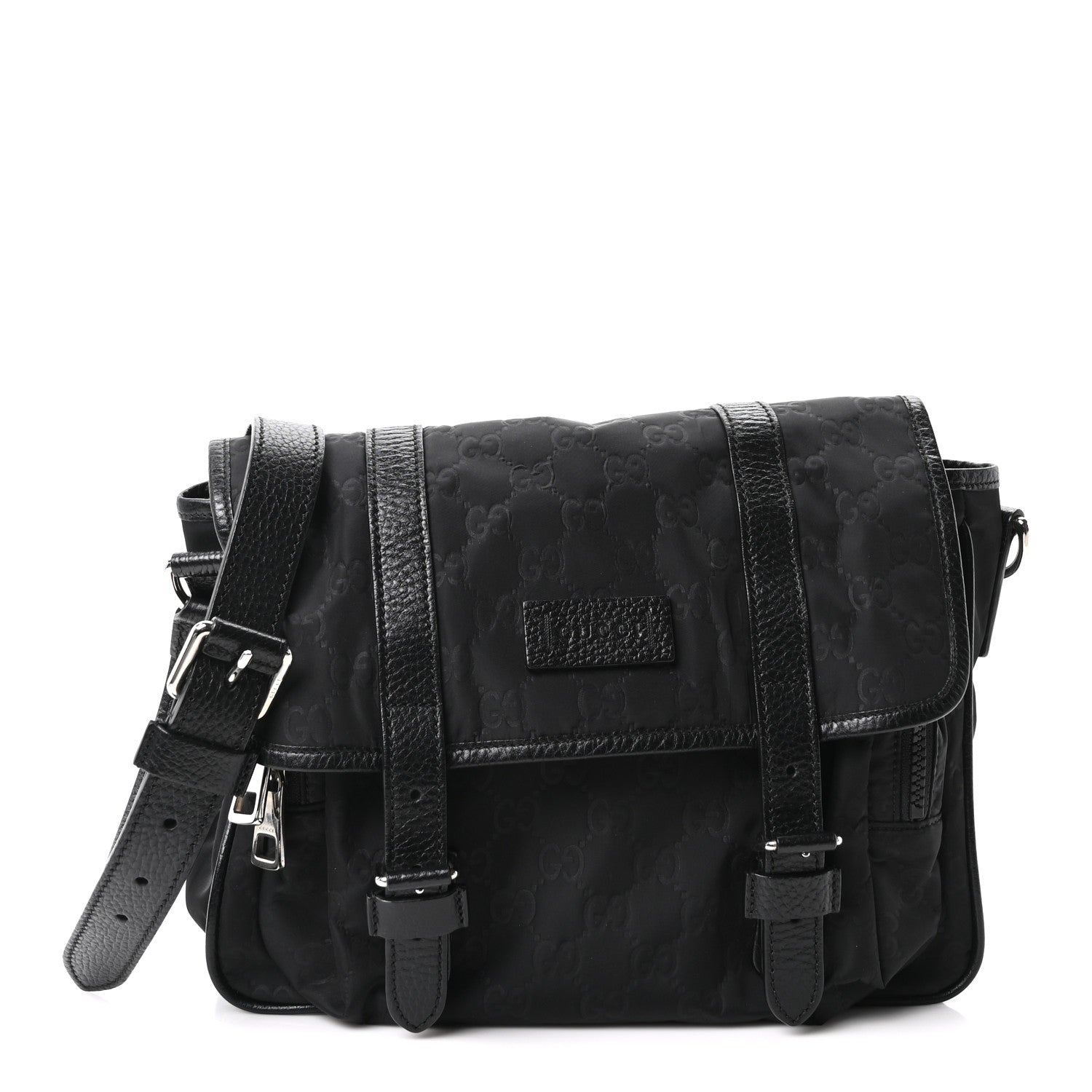Gucci Nylon Monogram Double Buckle Flap Messenger Bag Black 1 of 10