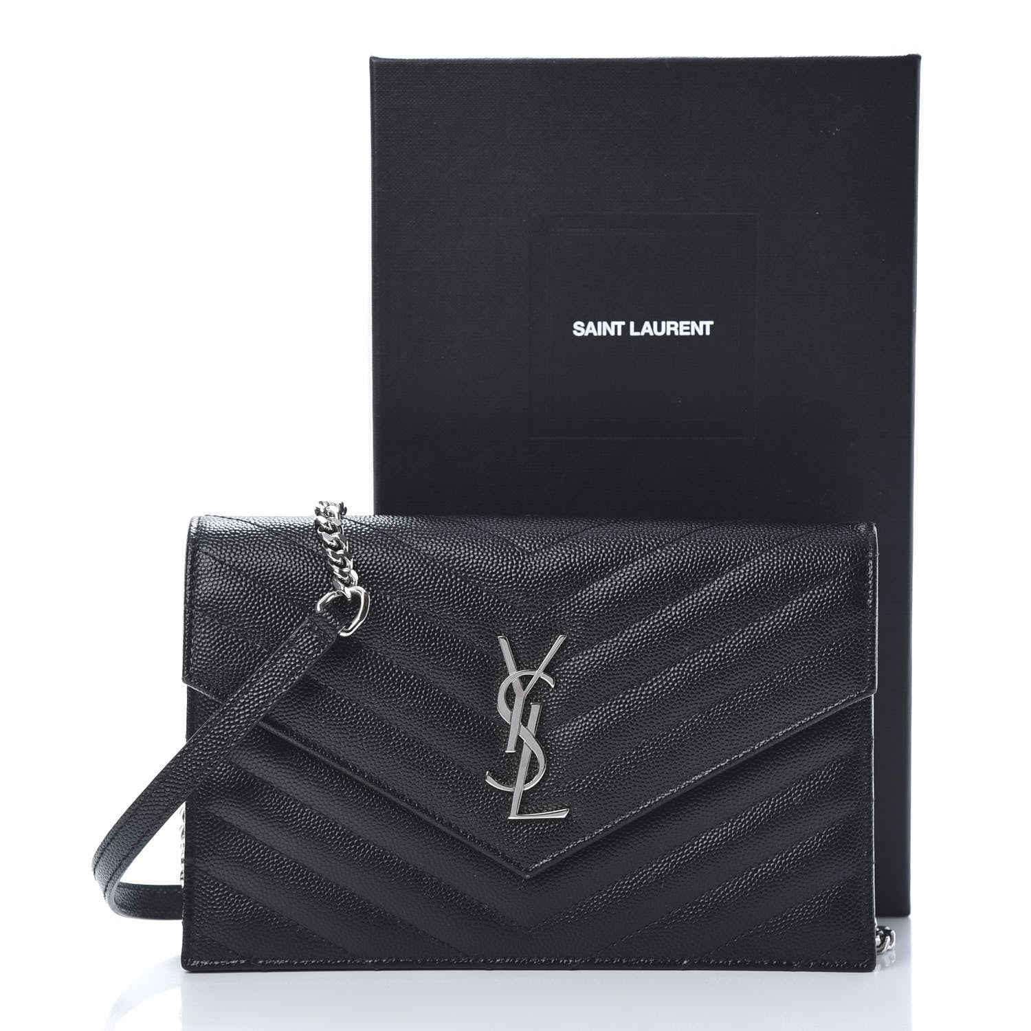 Saint Laurent Grain De Poudre Matelasse Chevron Monogram Envelope Chain Wallet Black 11 of 11