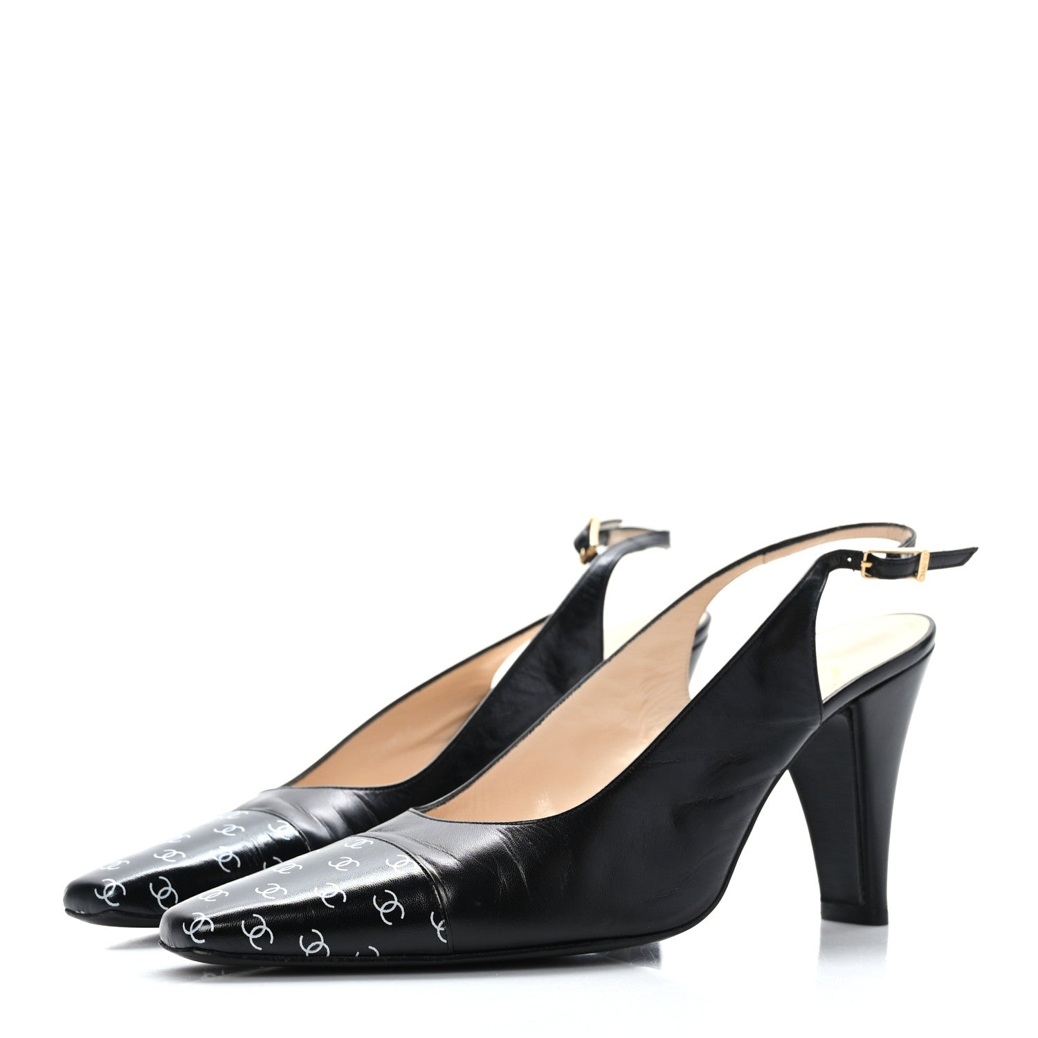 Chanel Lambskin Printed CC Cap Toe Slingback Pumps 38 Black 3 of 7