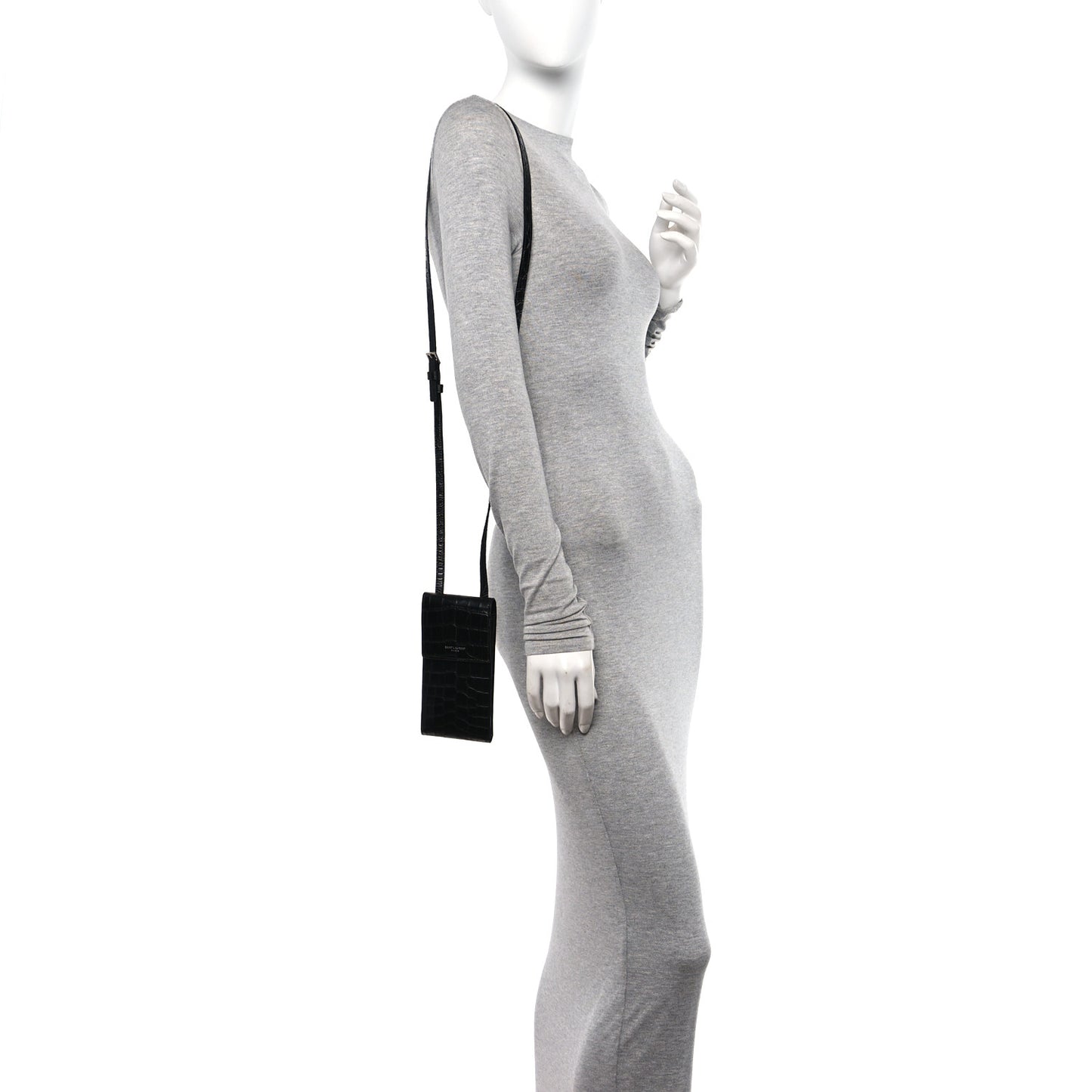 Calfskin Crocodile Embossed Phone Holder Crossbody Black