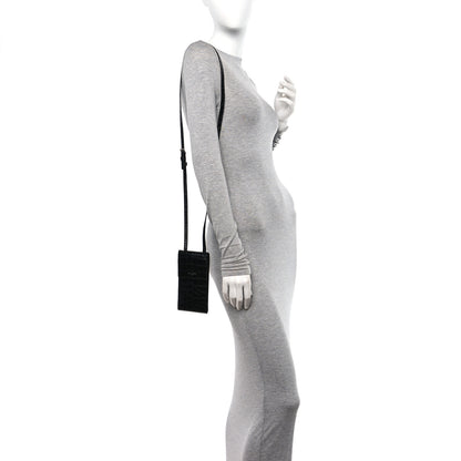 Saint Laurent Calfskin Crocodile Embossed Phone Holder Crossbody Black 2 of 9