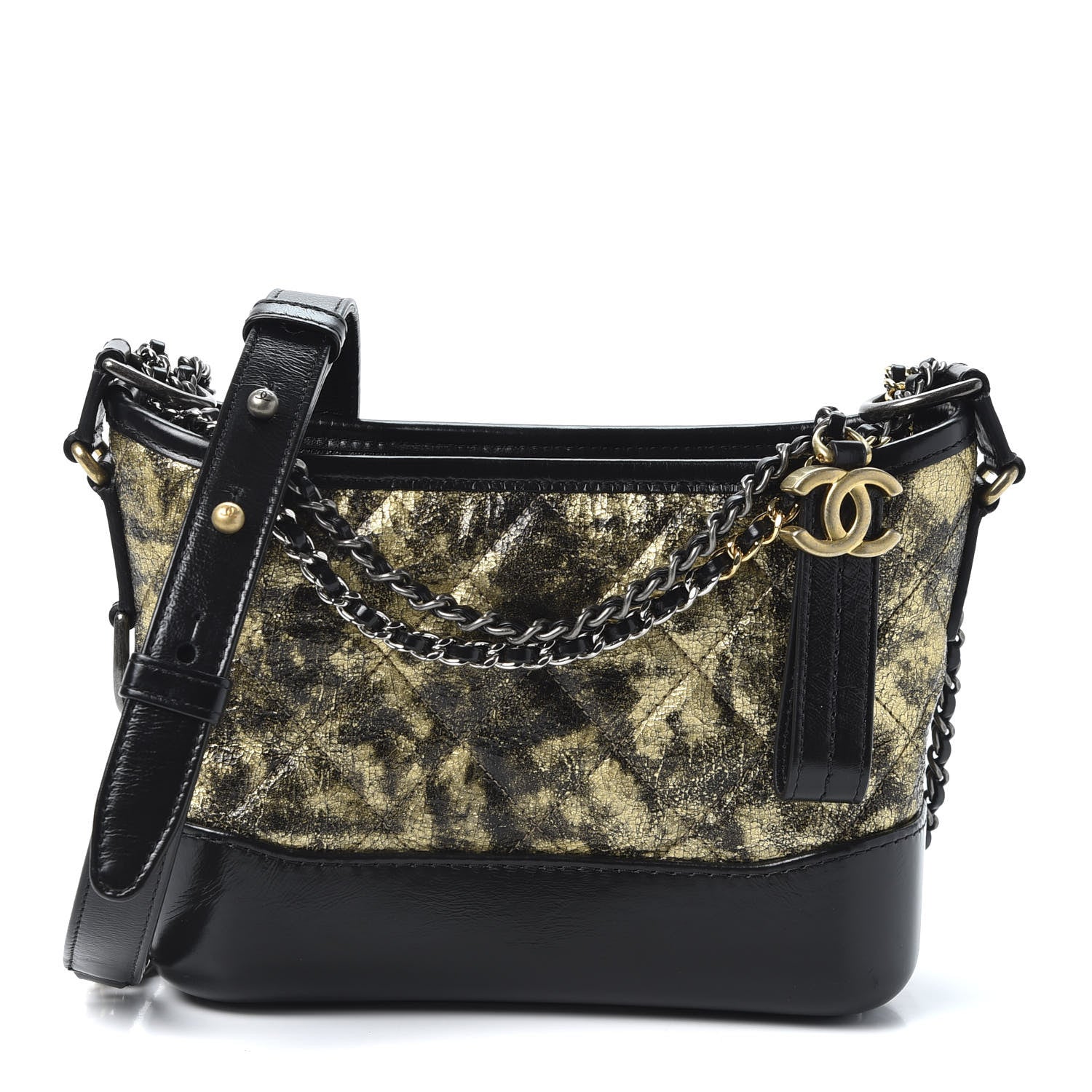 Chanel Metallic Crumpled Goatskin Quilted Small Gabrielle Hobo Black Gold 1 of 9