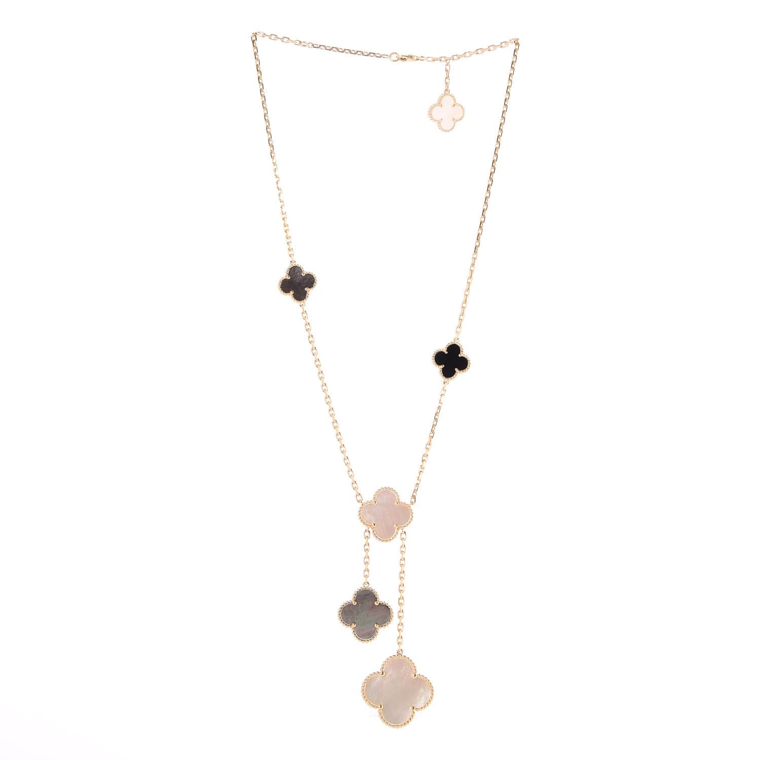 Van Cleef & Arpels 18K Yellow Gold Mother of Pearl Onyx 6 Motifs Magic Alhambra Necklace 3 of 4