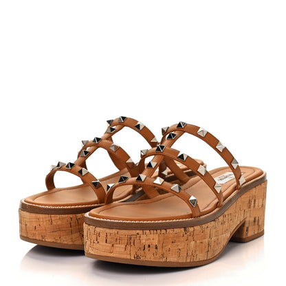 Valentino Garavani Calfskin Cork Rockstud Caged 30/50mm Platform Sandals 37 Tan 3 of 9