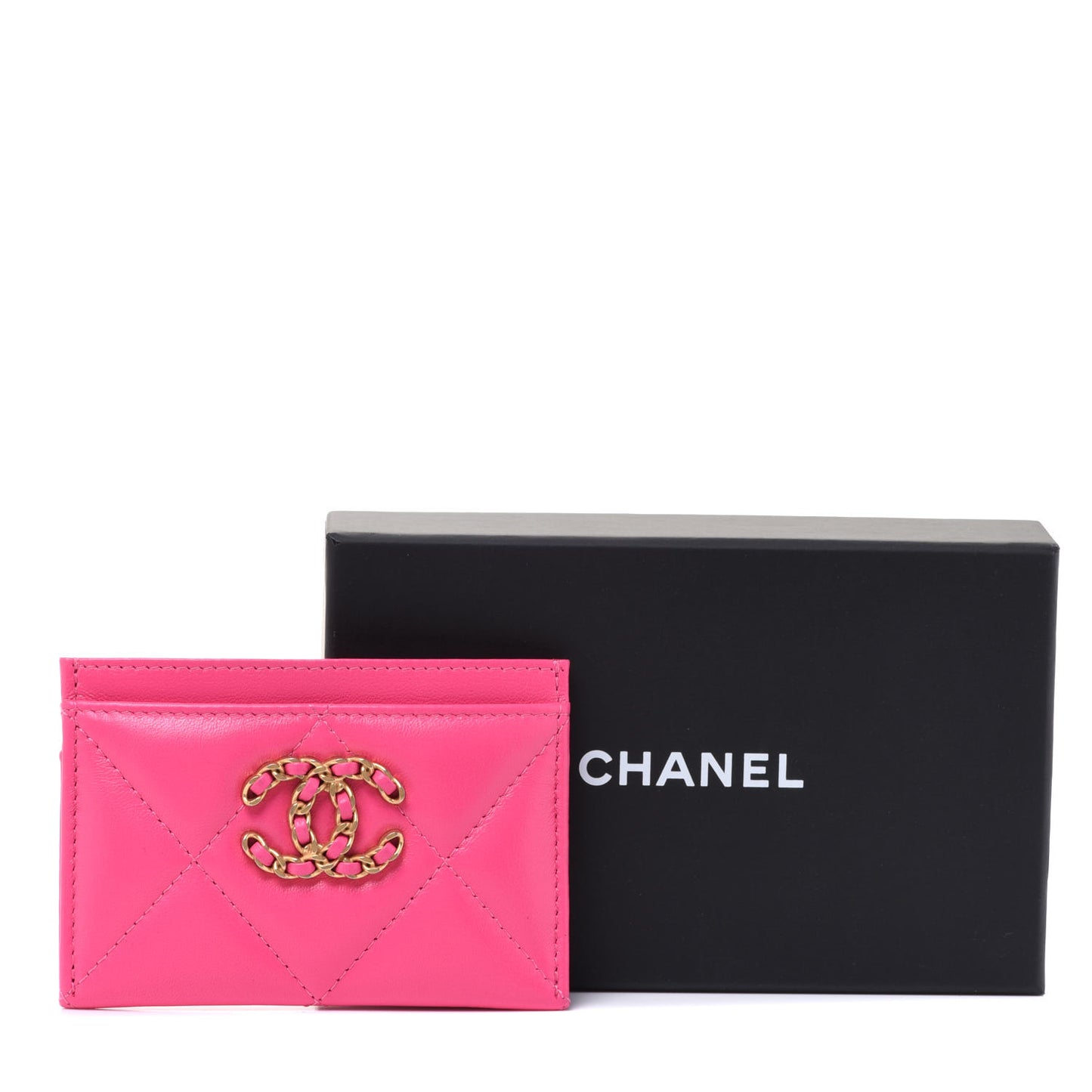 Lambskin Quilted Chanel 19 Card Holder Dark Pink