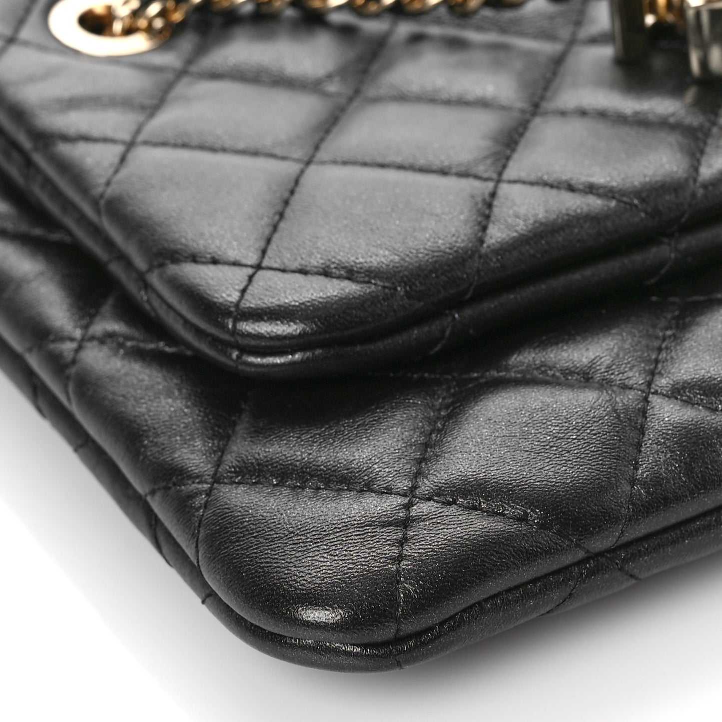 Shiny Lambskin Quilted Medium Double Case With Strap Black