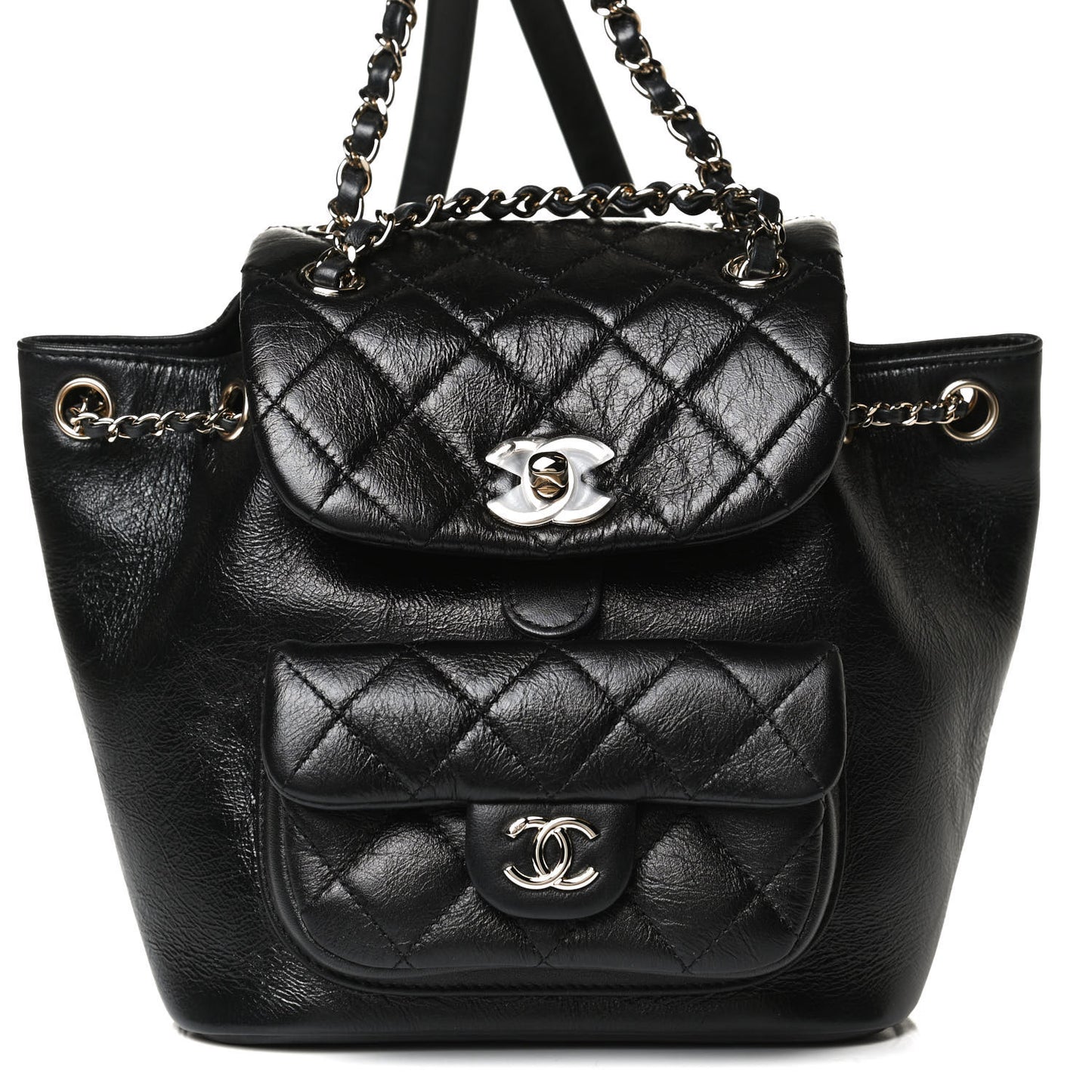 Glazed Aged Calfskin Quilted Small Duma Drawstring Backpack Black