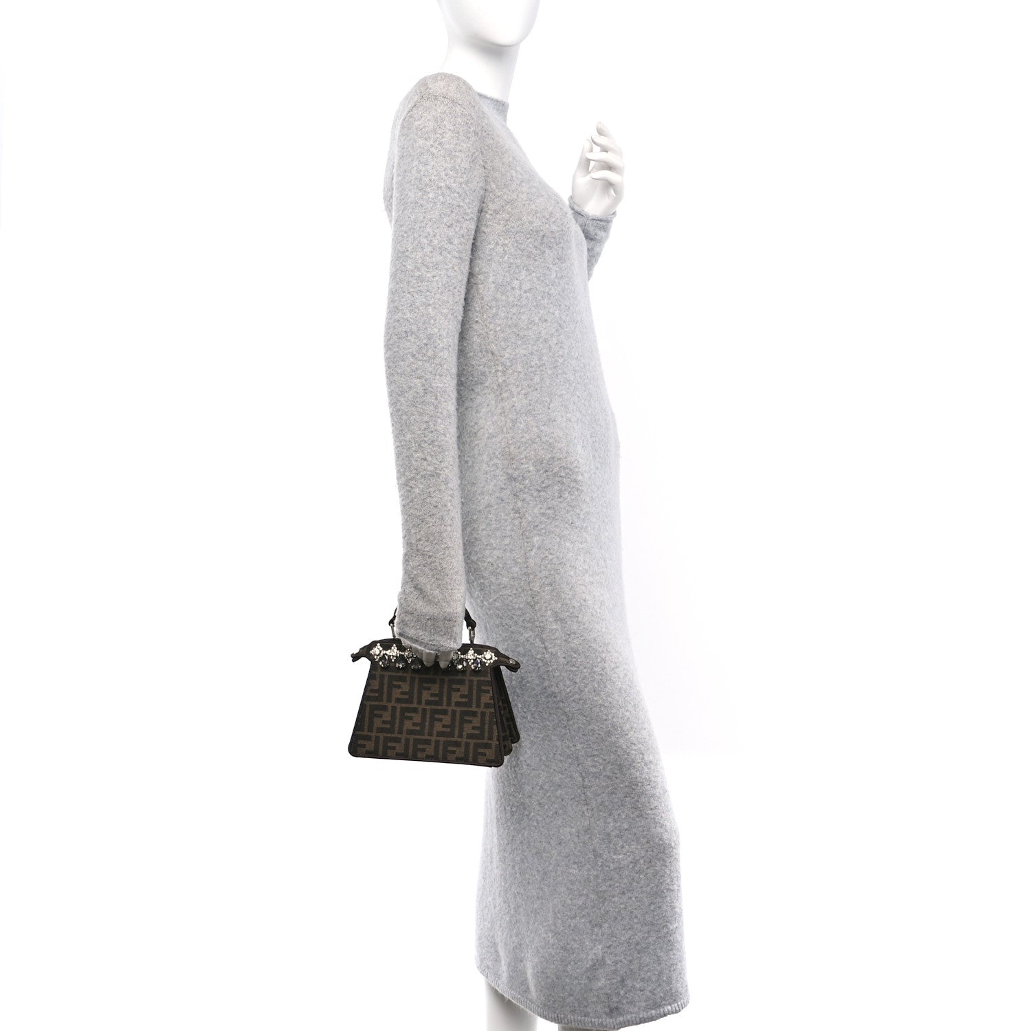 Fendi Fabric Jacquard Crystal Embellished FF 1974 Petite Peekaboo I SEE U Satchel Tobacco Moro 2 of 10