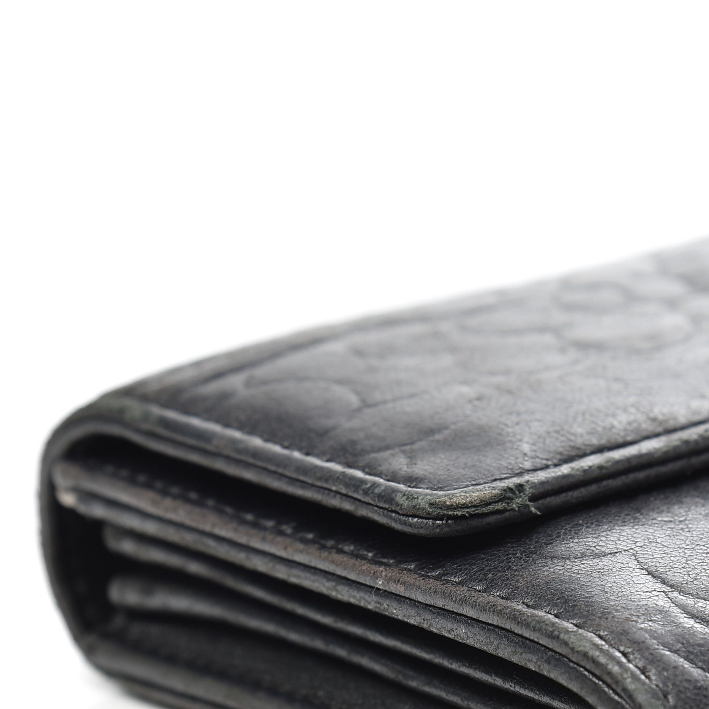 Lambskin Camellia Embossed Large Gusset Flap Wallet Black