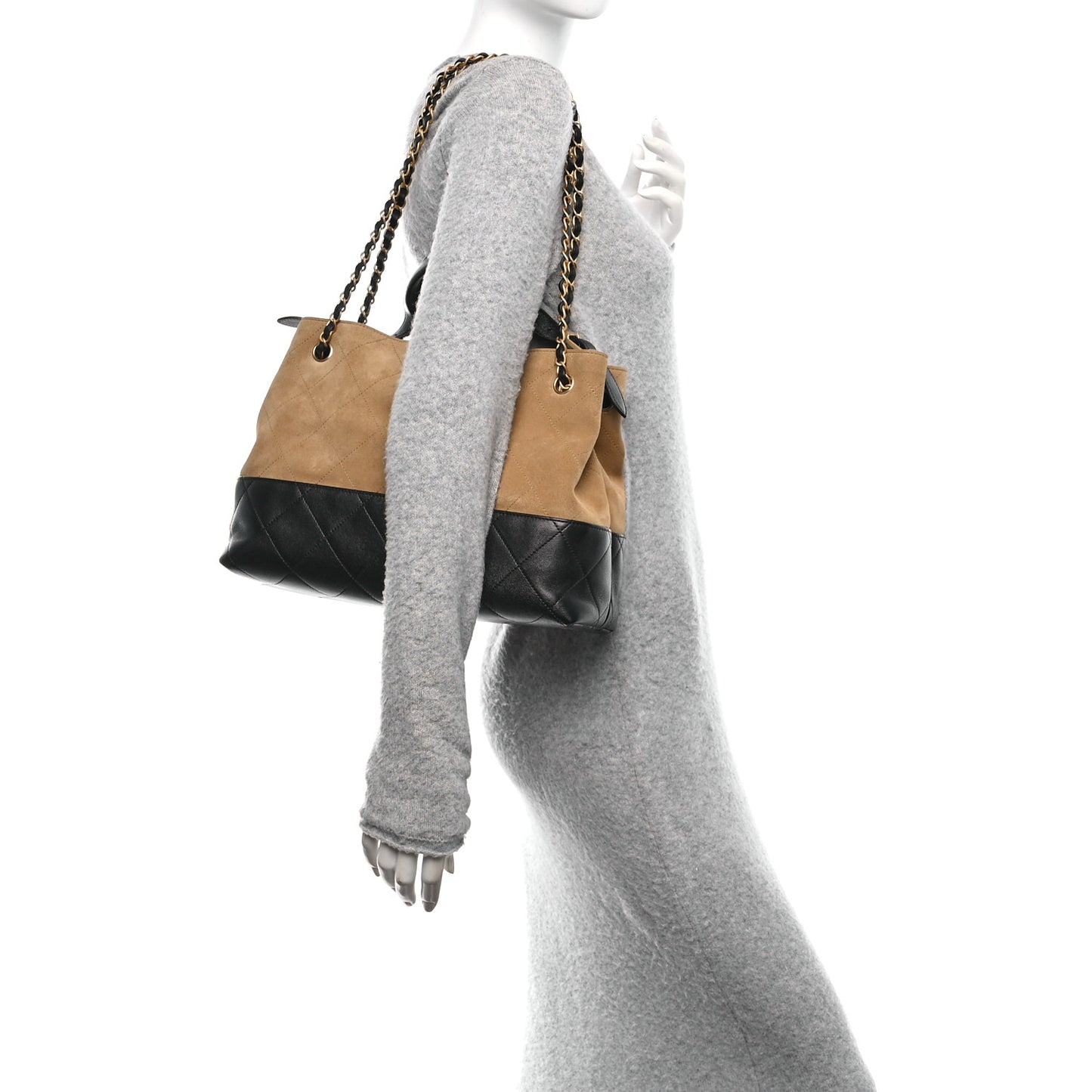 Suede Calfskin Shiny Lambskin Quilted Small Coco Base Shopping Bag Beige Black