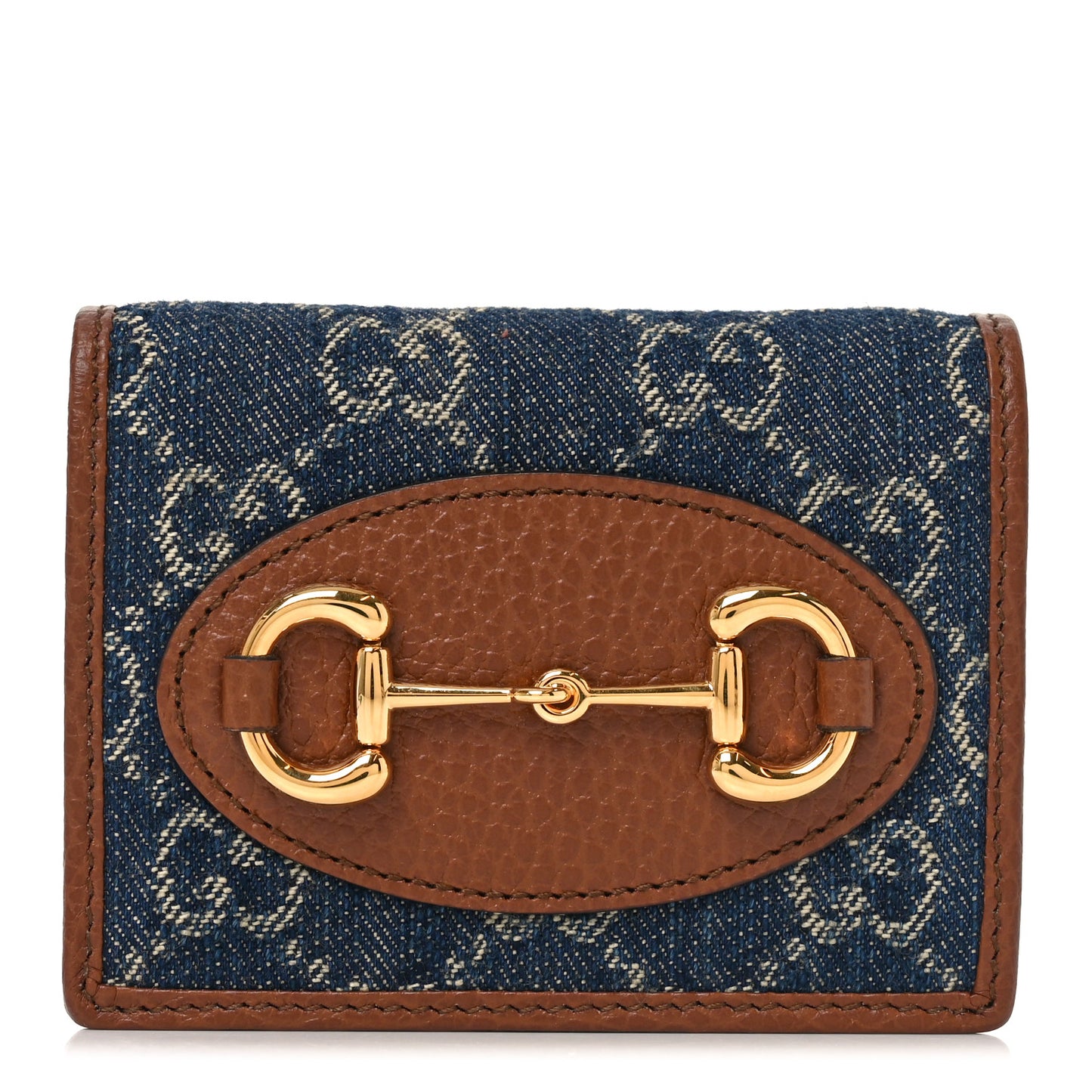 New Denim GG Monogram Dollar Calfskin Horsebit 1955 Card Case Wallet Blue Tea Cuir Epilog