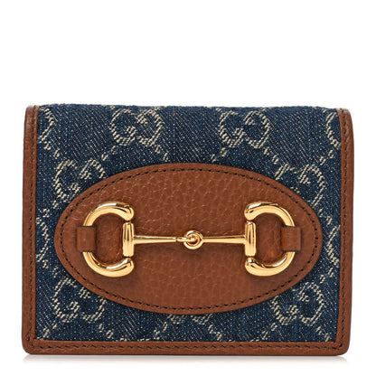 Gucci New Denim GG Monogram Dollar Calfskin Horsebit 1955 Card Case Wallet Blue Tea Cuir Epilog 1 of 7
