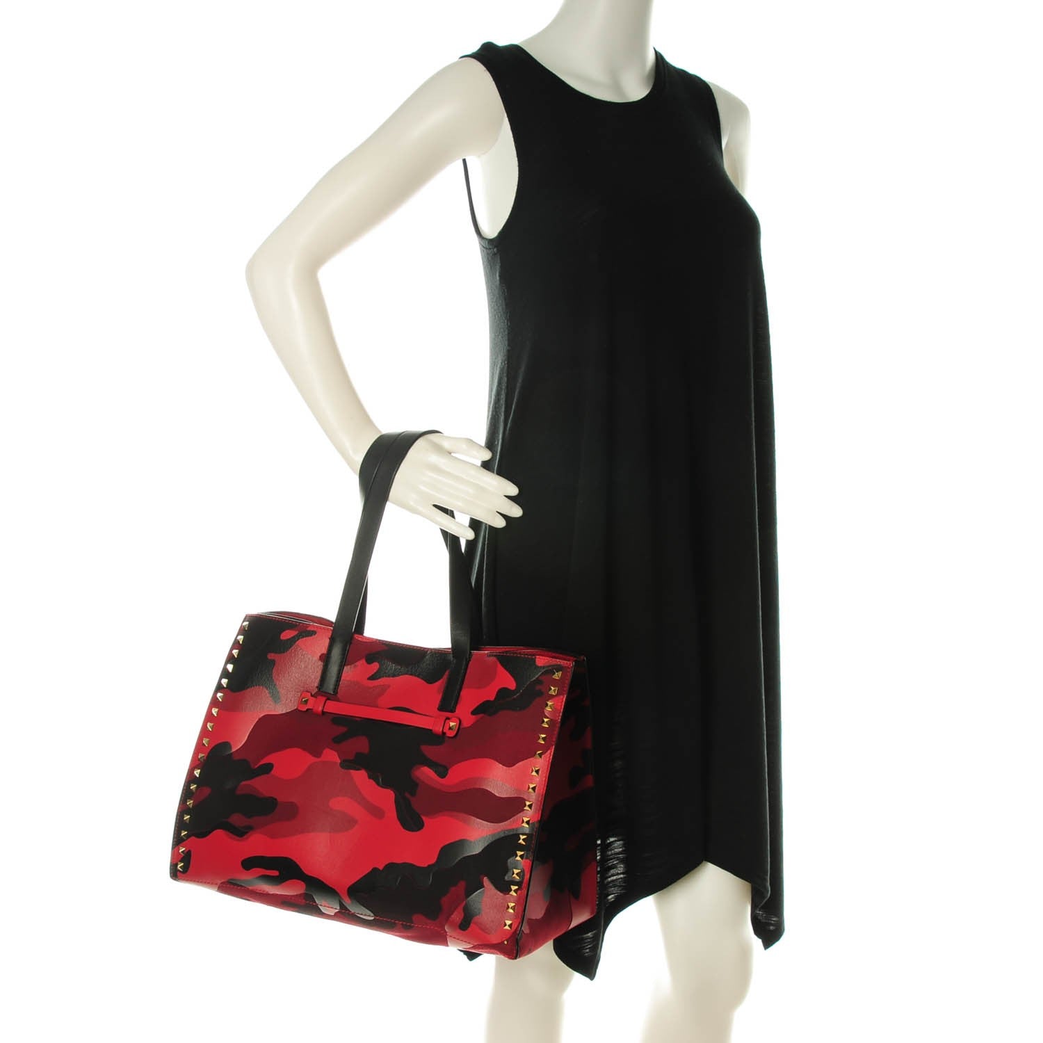 Valentino Garavani Nappa Canvas Camouflage Medium Rockstud Soft Tote Red 2 of 7