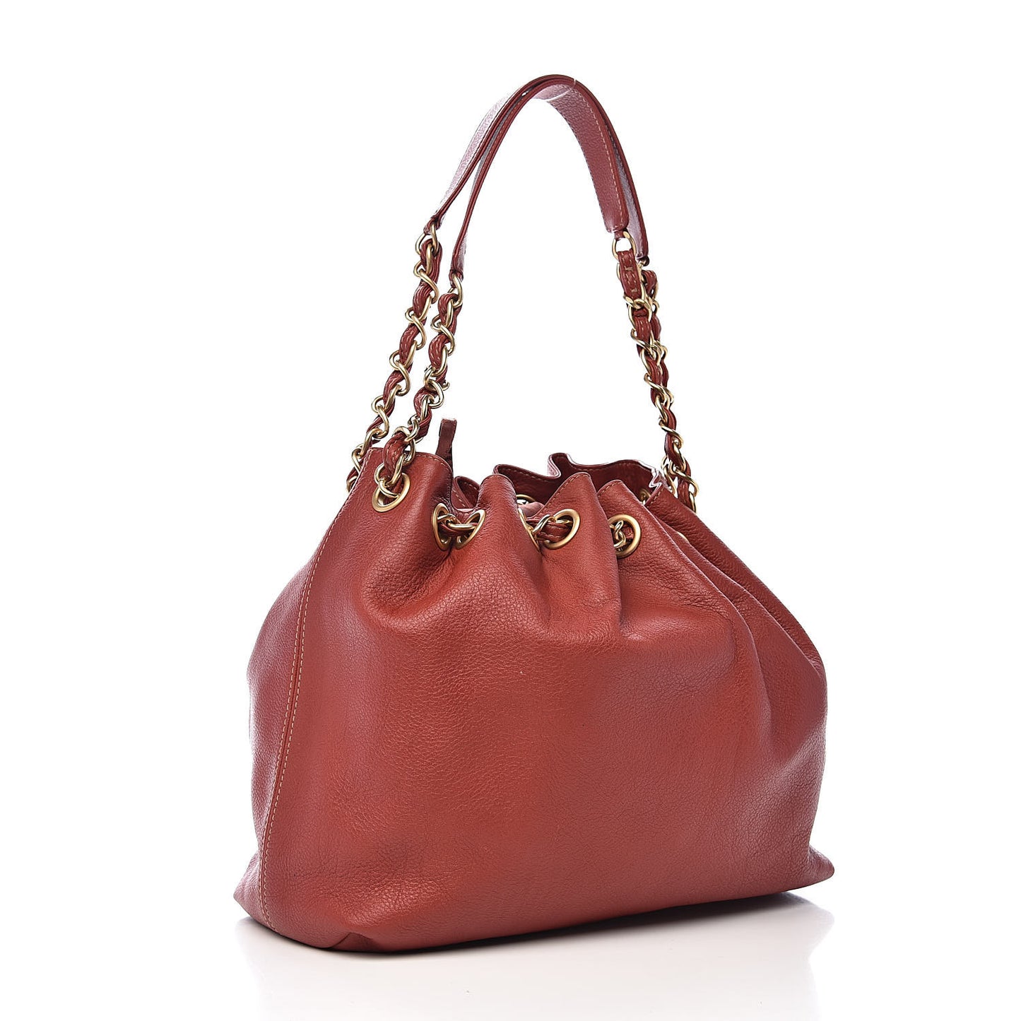 Grained Calfskin CC Drawstring Bucket Bag Red