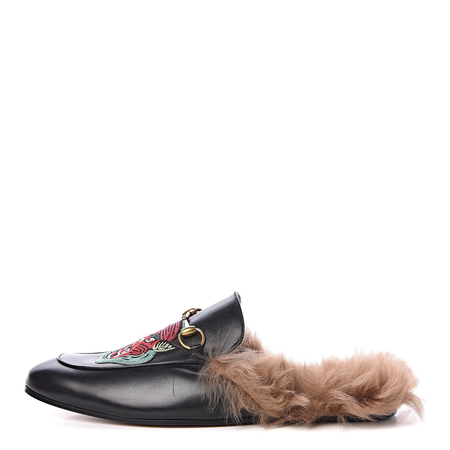Calfskin Fur Dragon UFO Embroidered Mens Princetown Slippers 13 Black