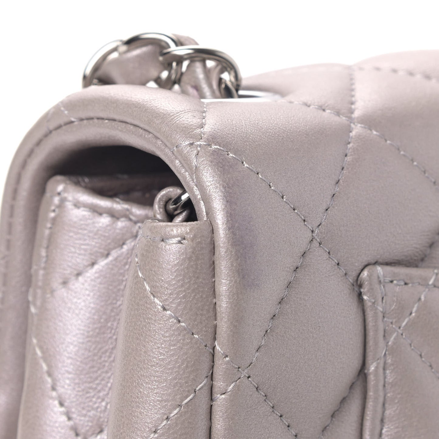 Metallic Lambskin Quilted Mini Rectangular Flap Silver