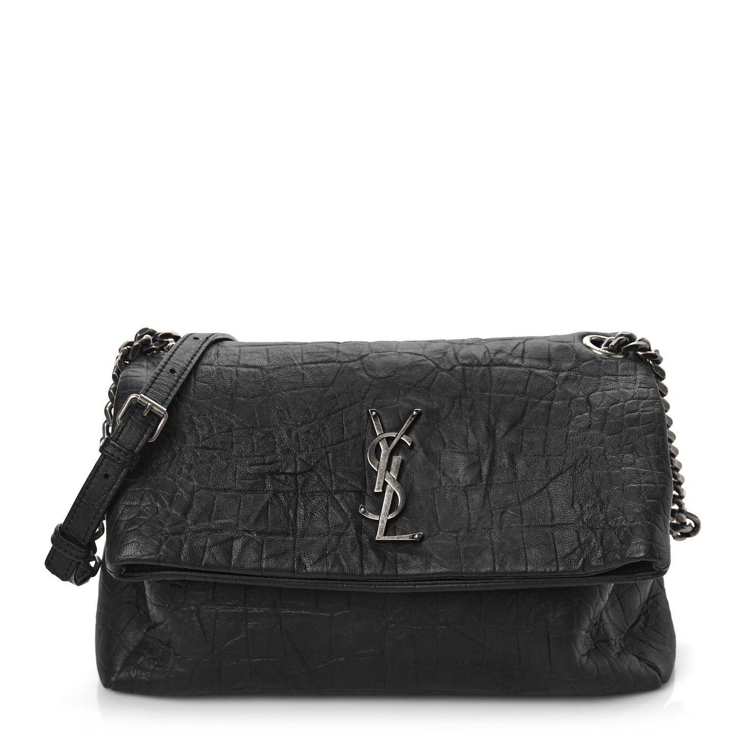 Calfskin Crocodile Embossed Medium West Hollywood Monogram Fold-Over Black