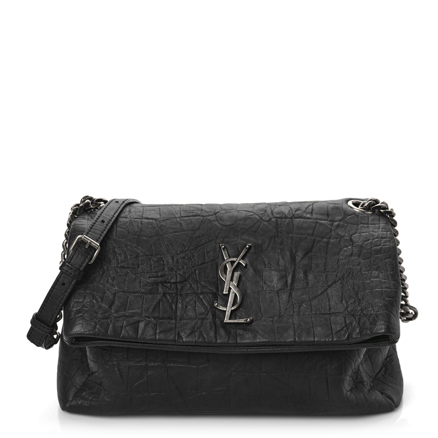 Saint Laurent Calfskin Crocodile Embossed Medium West Hollywood Monogram Fold-Over Black 1 of 8