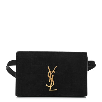 Saint Laurent Suede Crocodile Embossed Monogram Kate Belt Bag Black 1 of 9