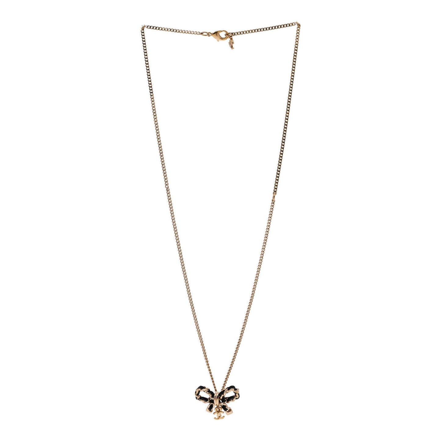 Metal Lambskin Chain CC Bow Necklace Black Gold