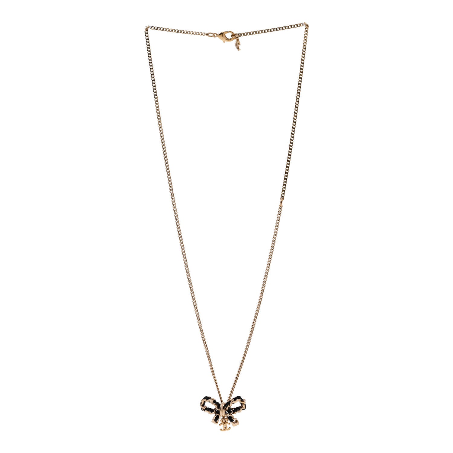 Chanel Metal Lambskin Chain CC Bow Necklace Black Gold 3 of 5