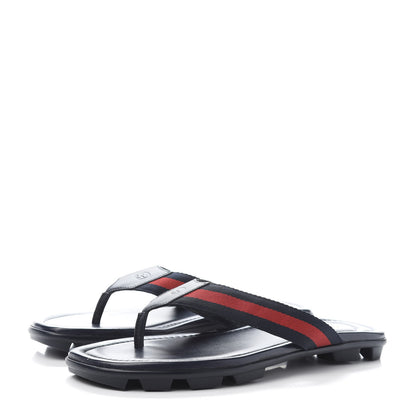 Gucci Nylon Calfskin Web Mens Cleat Sole Thong Sandals 8.5 Black Red Blue 3 of 9