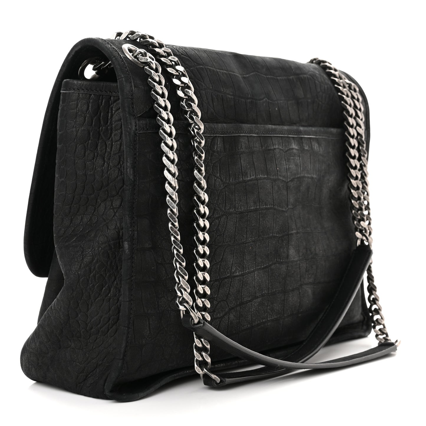 Nubuck Crocodile Embossed Monogram Medium Niki Chain Satchel Black