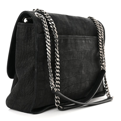 Saint Laurent Nubuck Crocodile Embossed Monogram Medium Niki Chain Satchel Black 3 of 10