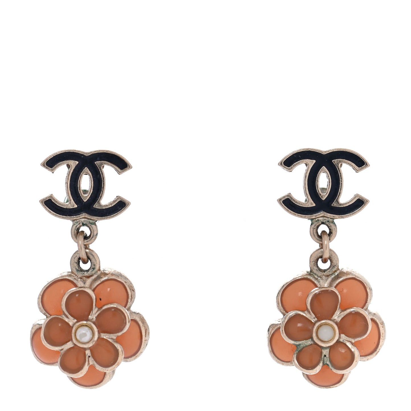 Crystal CC Flower Drop Earrings Black Pink Gold