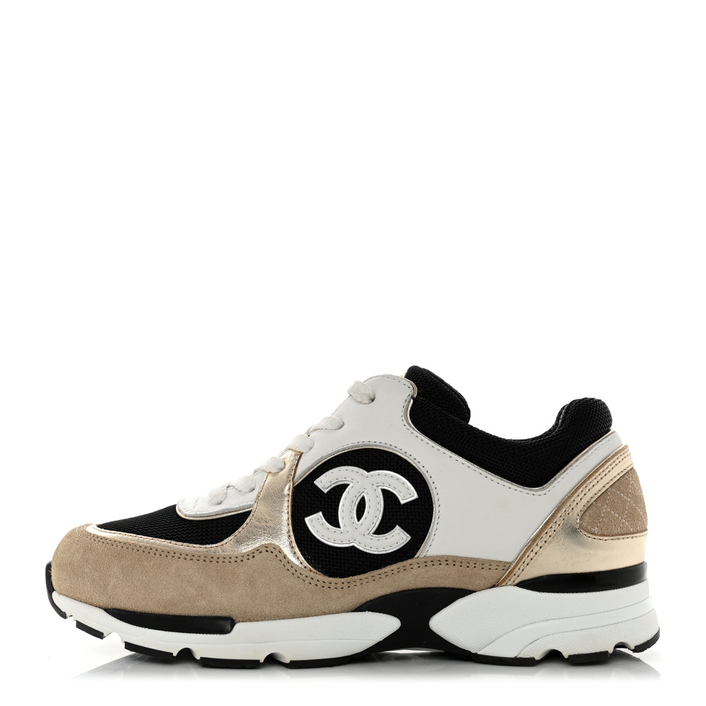 Mesh Suede Calfskin Womens CC Sneakers 38 White Black Beige Gold