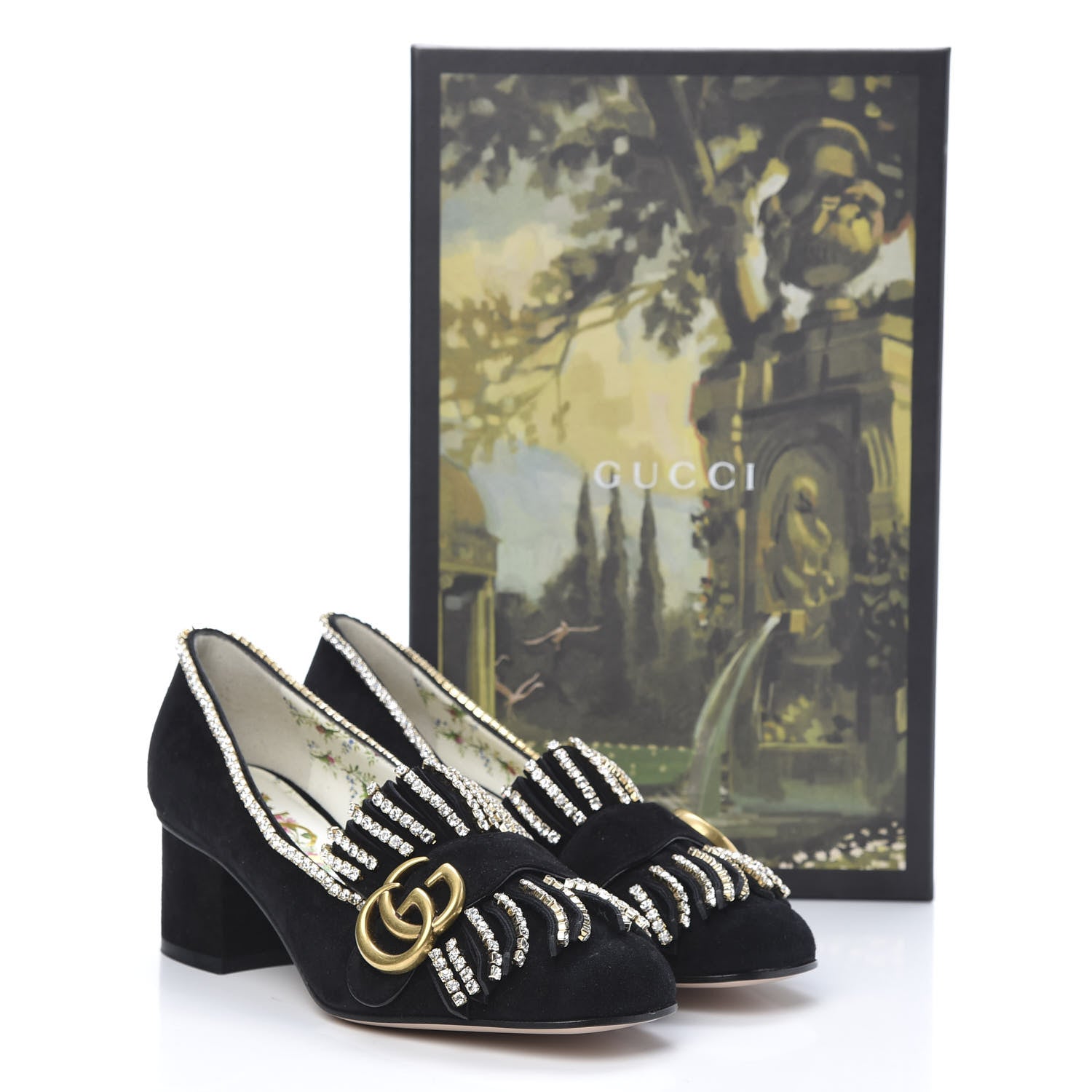 Gucci Kid Scamosciato Crystal GG Marmont Fringe 50mm Loafer Pumps 35.5 Black 9 of 9