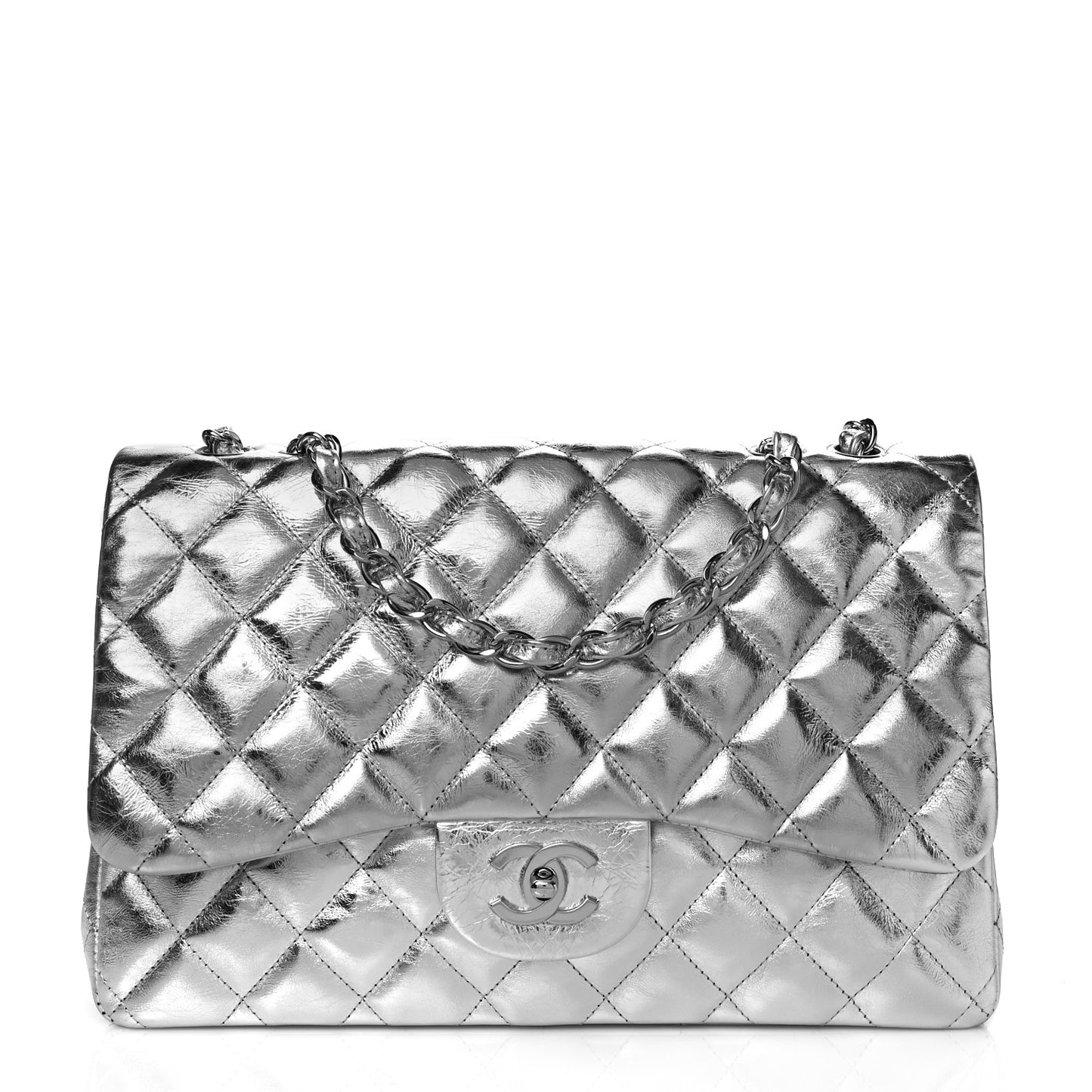 Metallic Aged Calfskin Quilted Jumbo Single Flap Silver