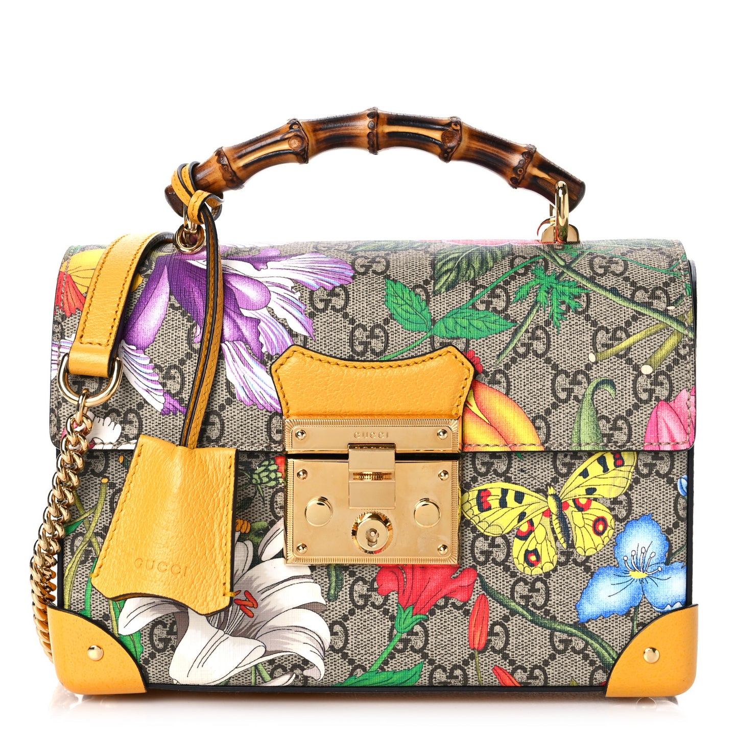 GG Supreme Monogram Flora Small Padlock Bamboo Shoulder Bag Beige Multicolor Crop