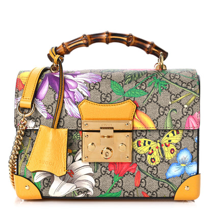 Gucci GG Supreme Monogram Flora Small Padlock Bamboo Shoulder Bag Beige Multicolor Crop 1 of 9