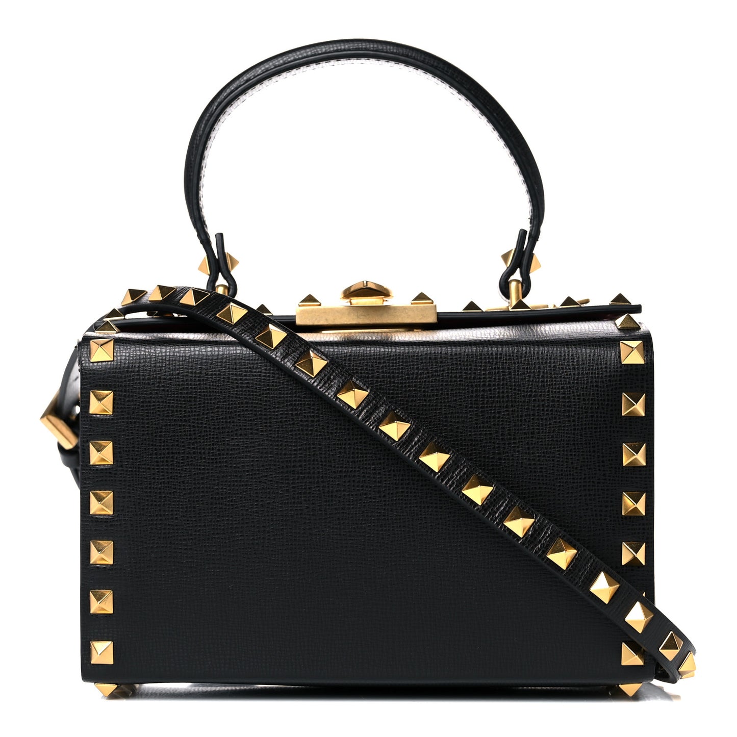 Grainy Calfskin Rockstud Alcove Box Top-Handle Bag Black
