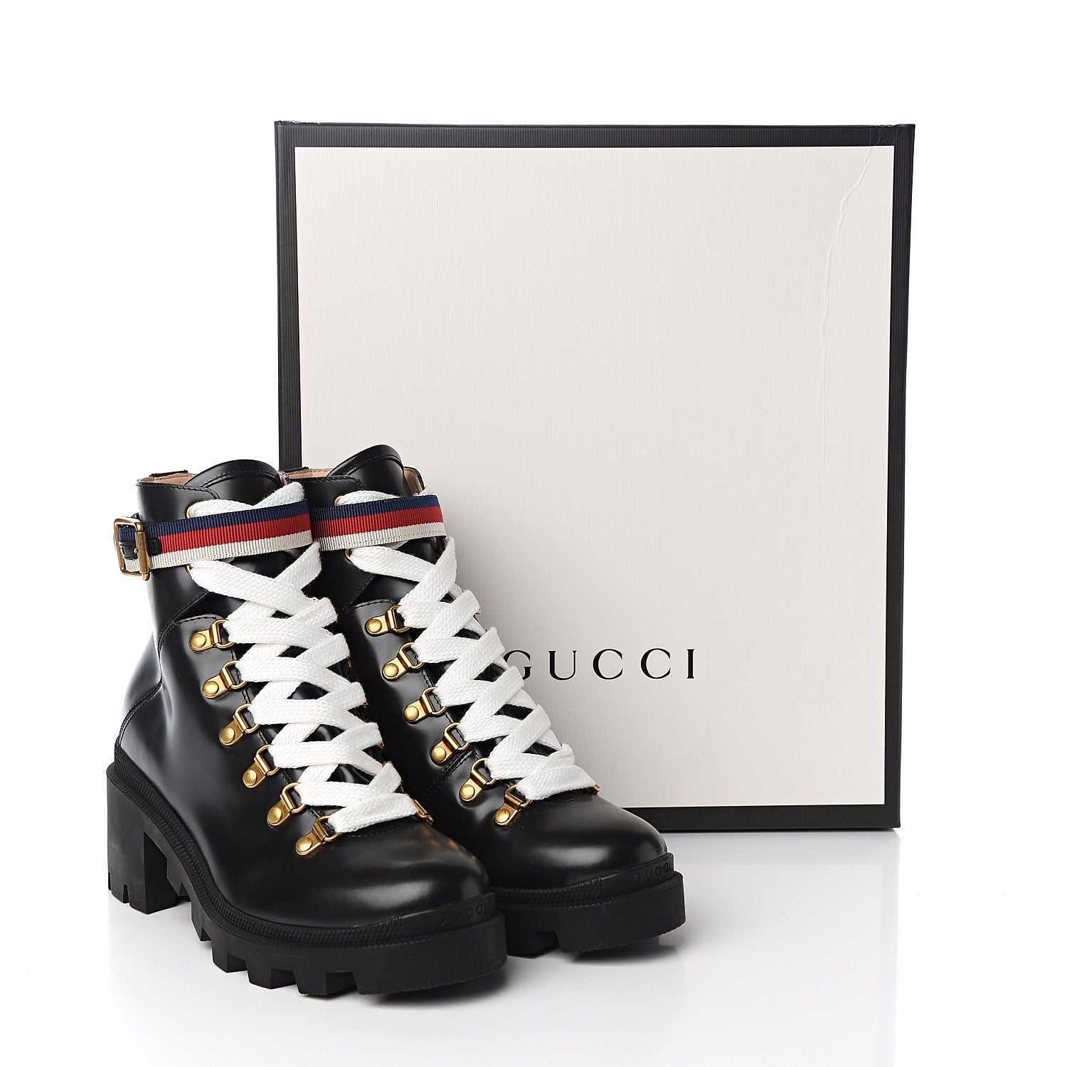 Gucci Calfskin Womens Sylvie Web Lace Up Combat Boots 37.5 Black 10 of 10