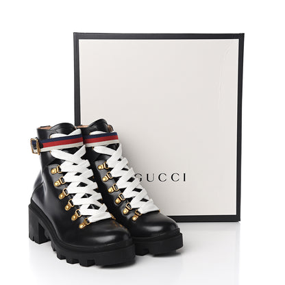 Gucci Calfskin Womens Sylvie Web Lace Up Combat Boots 37.5 Black 10 of 10