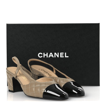 Chanel Lambskin Patent Calfskin Quilted Cap Toe CC Slingback Pumps 37.5 Beige Black 35 of 36