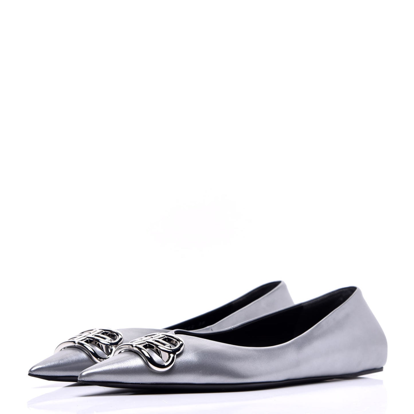 Metallic Calfskin BB Knife Pointy Toe Ballerina Flats 38 Silver Hardware