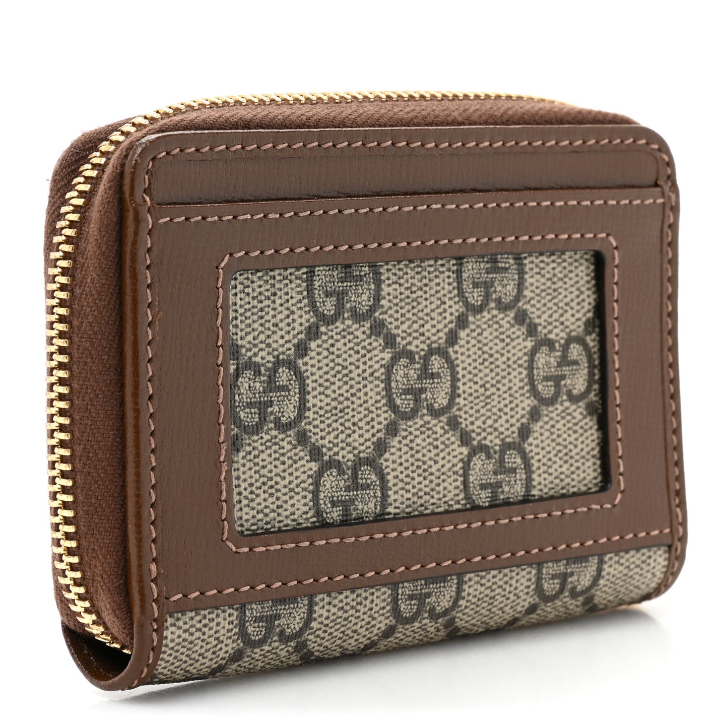 GG Supreme Monogram Azalea Calfskin Horsebit 1955 Zip Around ID Card Case Wallet Beige Ebony Brown Sugar