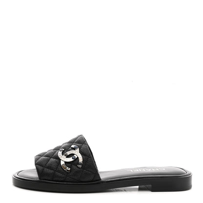 Chanel Shiny Goatskin Quilted CC Mules Sandals 39 Black 1 of 9