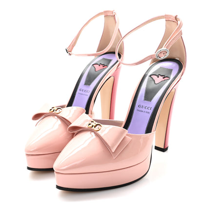 Gucci Patent Crystal GG Bow Sadie Spike Ankle Strap d'Orsay Platform High Heel Pumps 38.5 Perfect Pink 4 of 10
