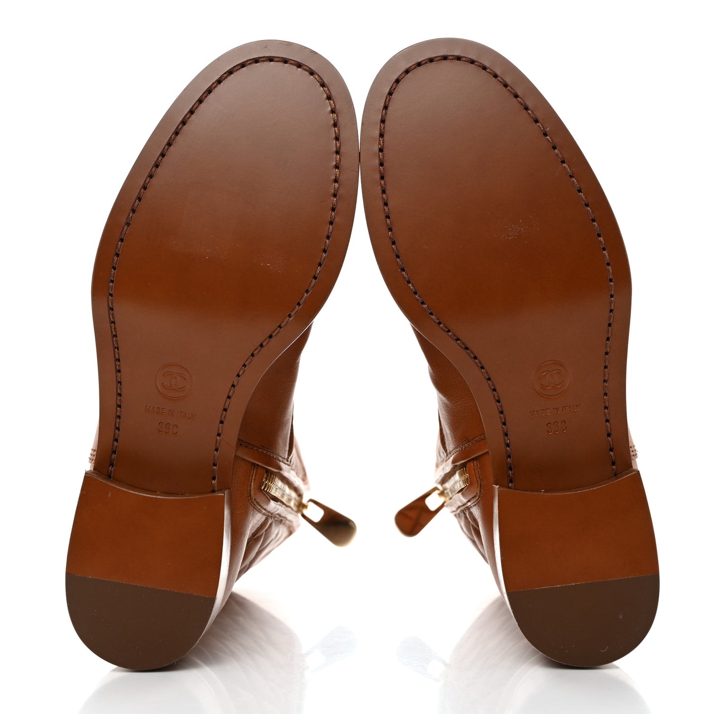 Calfskin CC Logo Mid Calf Boots 36 Caramel