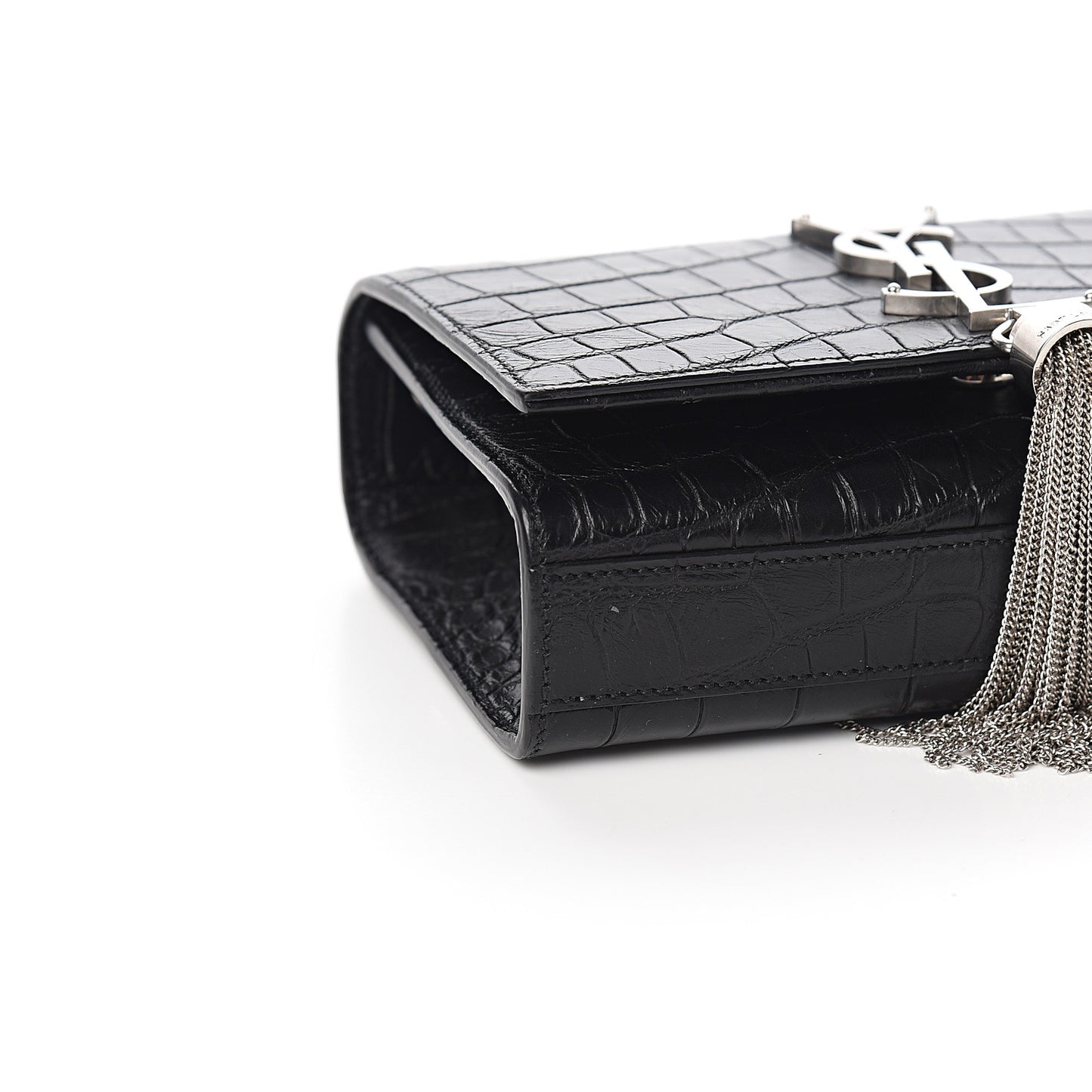 Calfskin Crocodile Embossed Small Classic Monogram Kate Tassel Satchel Black