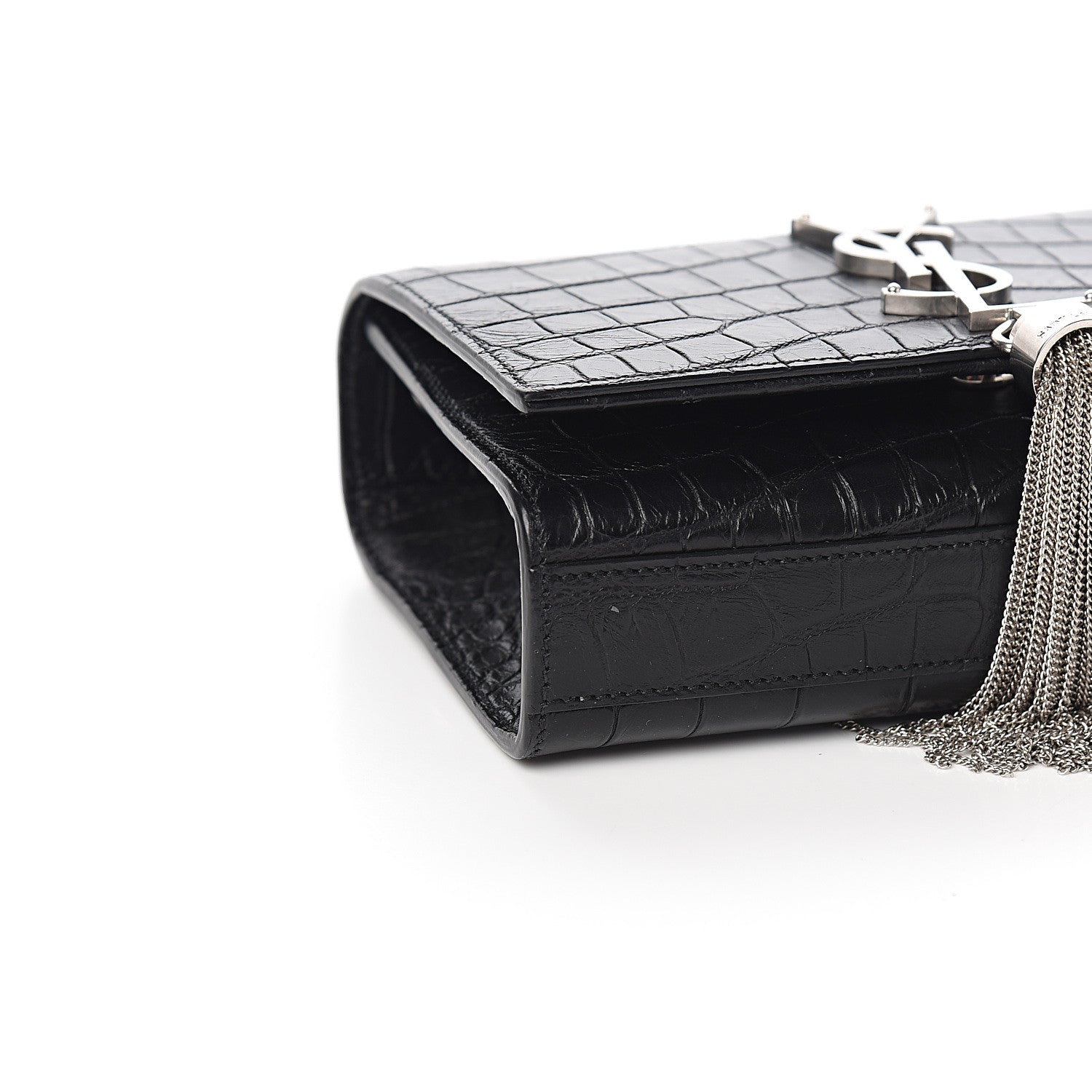 Saint Laurent Calfskin Crocodile Embossed Small Classic Monogram Kate Tassel Satchel Black 7 of 8