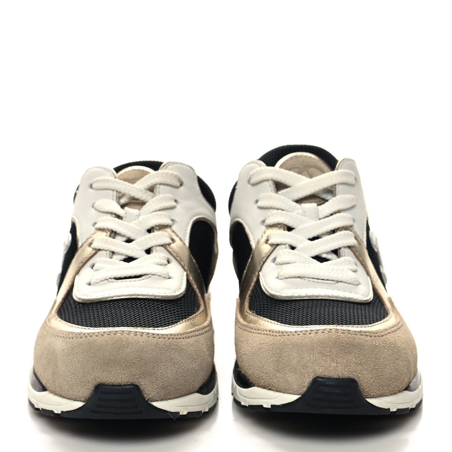 Mesh Suede Calfskin Womens CC Sneakers 35.5 White Black Beige Gold