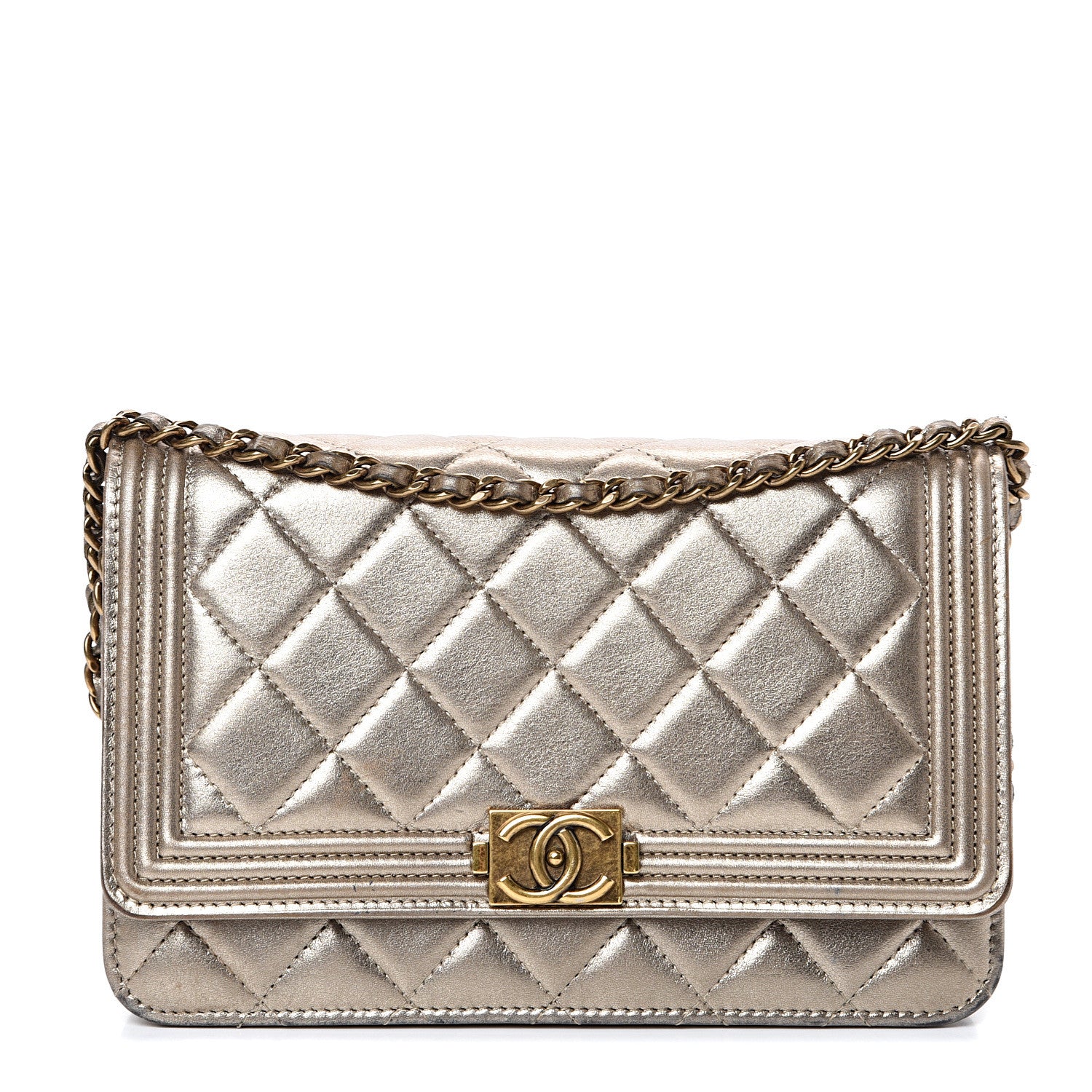 Chanel Metallic Calfskin Quilted Boy Wallet On Chain WOC Gold 1 of 15
