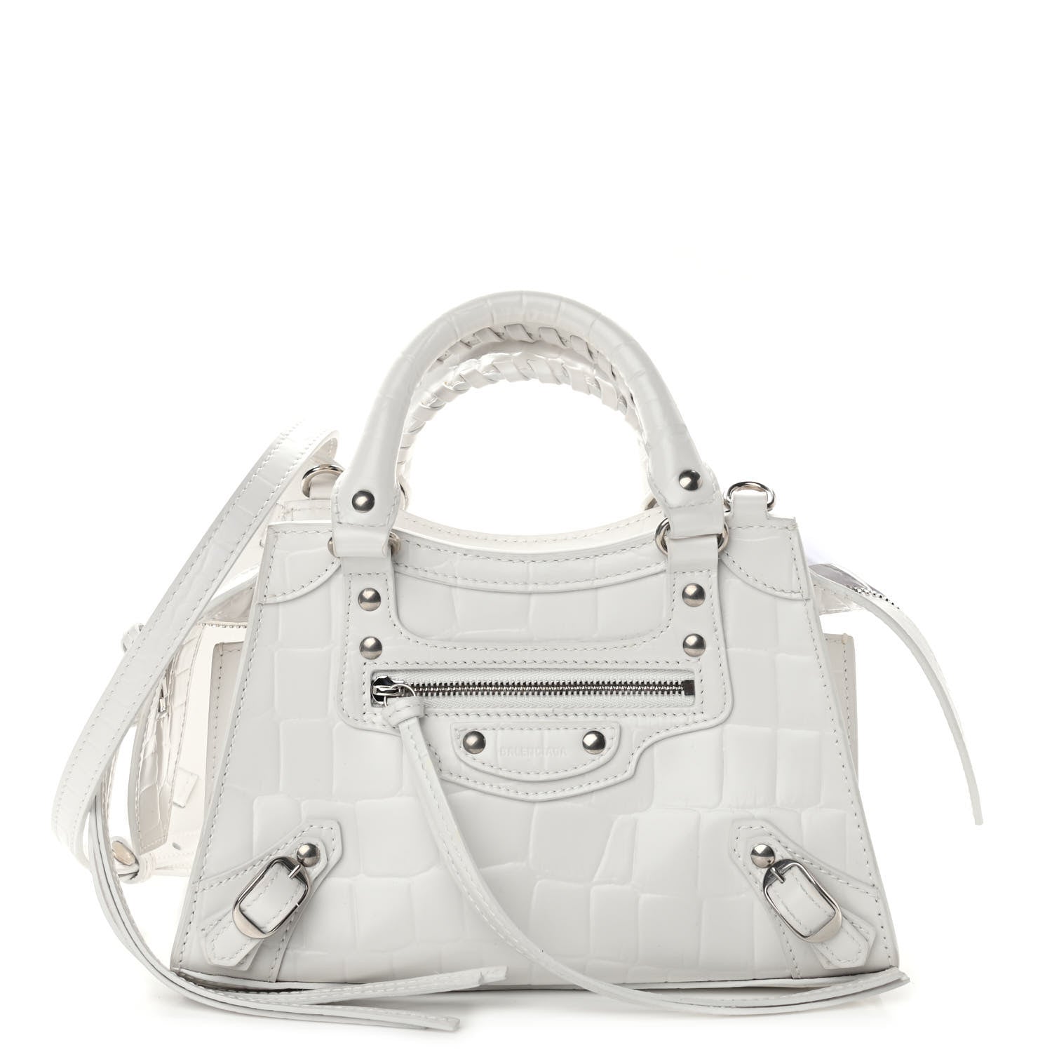Balenciaga Semi Shiny Calfskin Crocodile Embossed Neo Classic Silver Hardware Mini City White 1 of 9